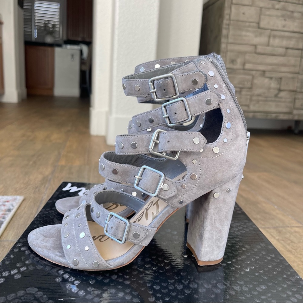 Sam Edelman York Grey Suede Studded Cage Chunky Heel